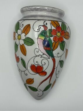 Vintage Hand Painted Japan Wall Pocket Vase Bird Floral Mid Century Ceramic